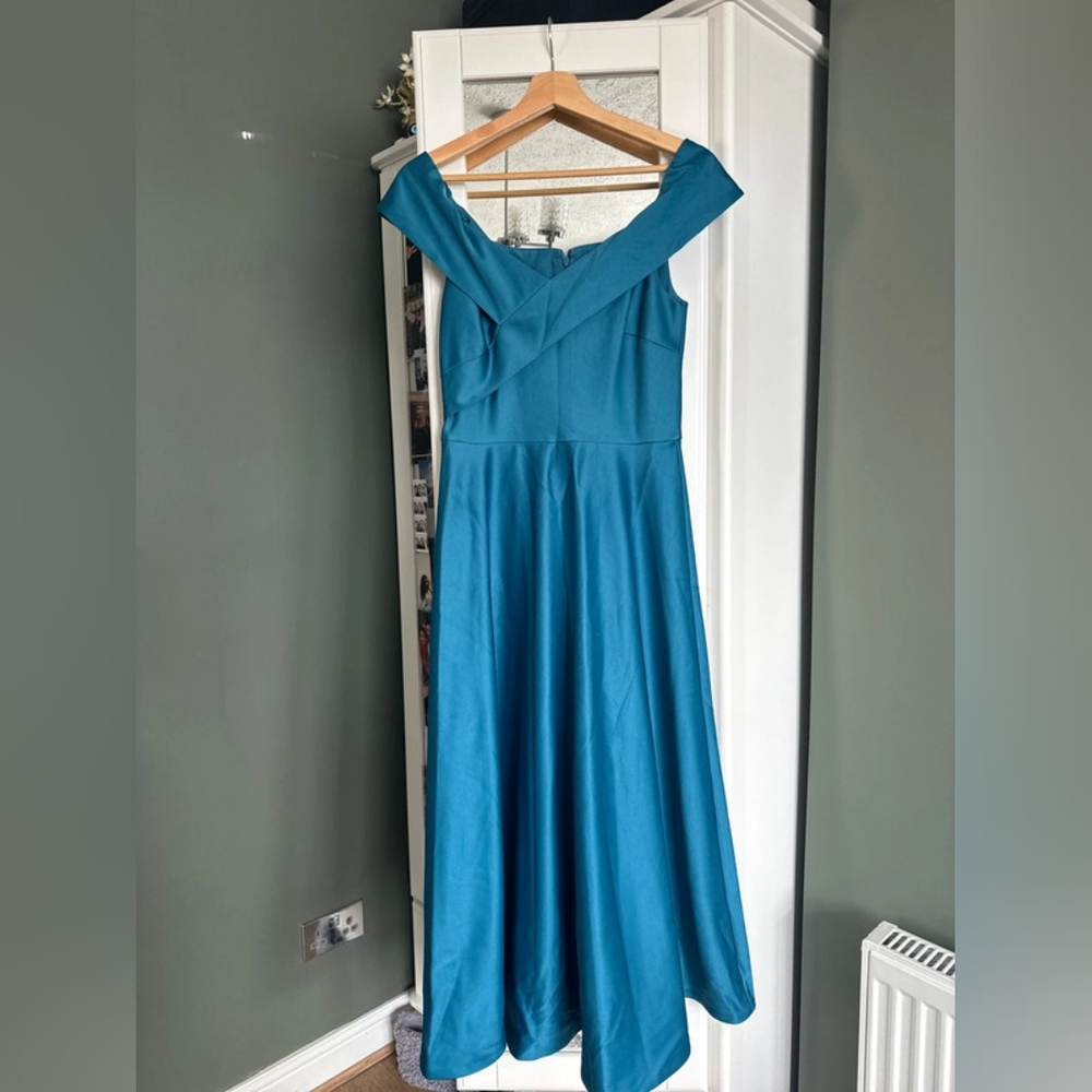 blue formal off the shoulder dress